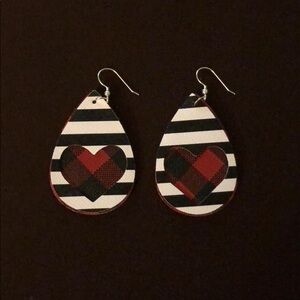 Leather Drop Earrings, Plaid Heart